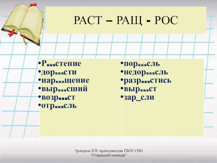 РАСТ – РАЩ - РОС Троицкая Л.П. преподаватель ГБОУ СПО "Старицкий колледж"