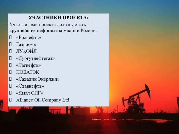 УЧАСТНИКИ ПРОЕКТА: Участниками проекта должны стать крупнейшие нефтяные компании России: