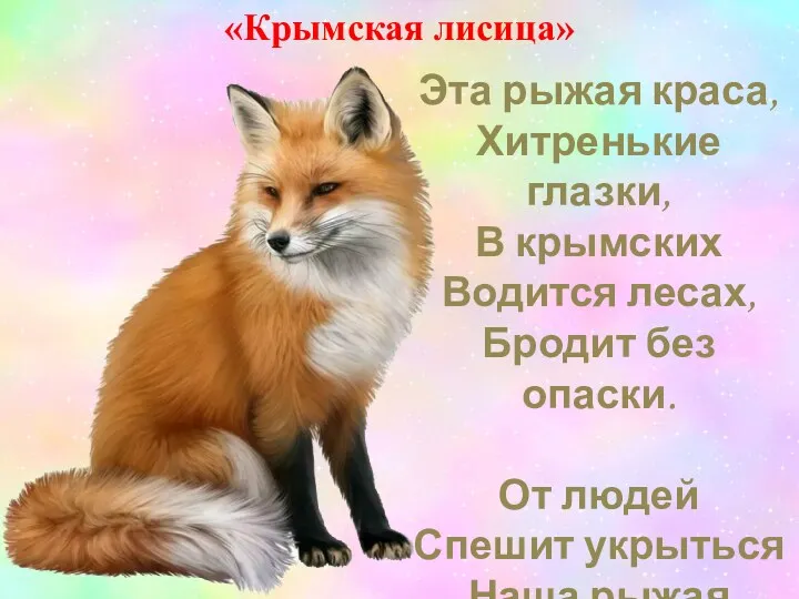 «Крымская лисица» Эта рыжая краса, Хитренькие глазки, В крымских Водится