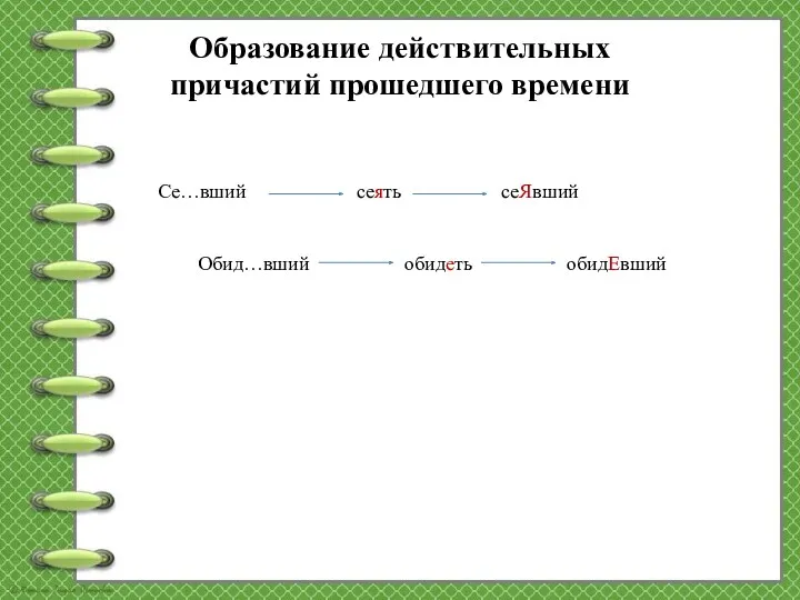 Образование действительных причастий прошедшего времени Се…вший сеять сеЯвший Обид…вший обидеть обидЕвший