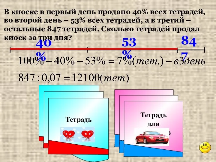 847 В киоске в первый день продано 40% всех тетрадей,