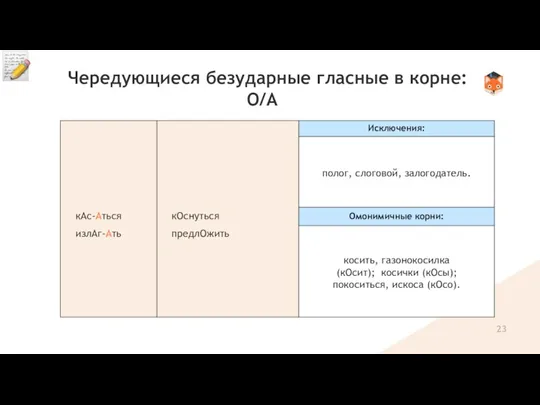 Чередующиеся безударные гласные в корне: О/А