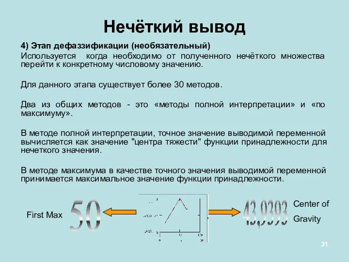 4) Этап дефаззификации (необязательный) Используется когда необходимо от полученного нечёткого