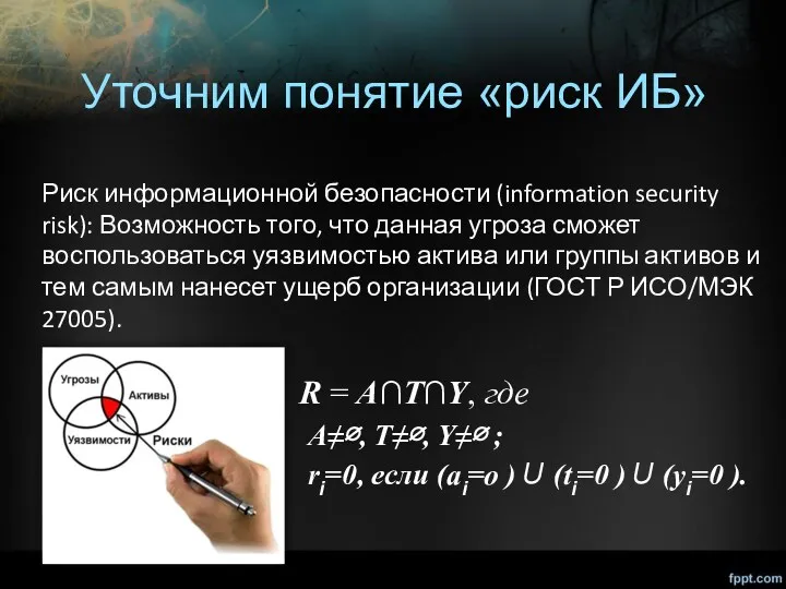 Уточним понятие «риск ИБ» R = A∩T∩Y, где A≠∅, T≠∅,