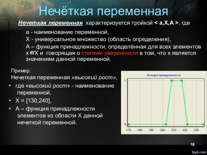 Нечёткая переменная Нечеткая переменная характеризуется тройкой , где a -