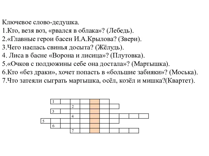 Ключевое слово-дедушка. 1.Кто, везя воз, «рвался в облака»? (Лебедь). 2.«Главные