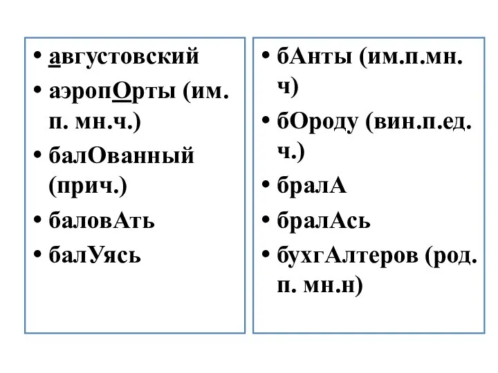 августовский аэропОрты (им.п. мн.ч.) балОванный (прич.) баловАть балУясь бАнты (им.п.мн.ч)