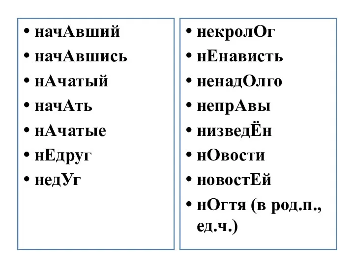 начАвший начАвшись нАчатый начАть нАчатые нЕдруг недУг некролОг нЕнависть ненадОлго