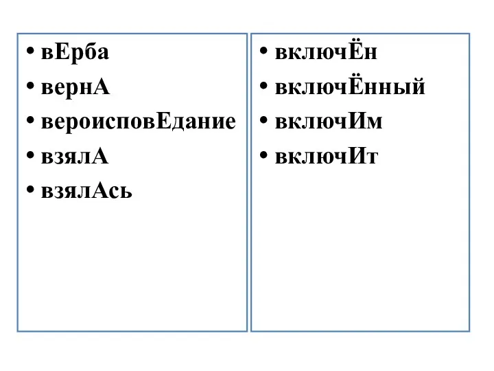 вЕрба вернА вероисповЕдание взялА взялАсь включЁн включЁнный включИм включИт