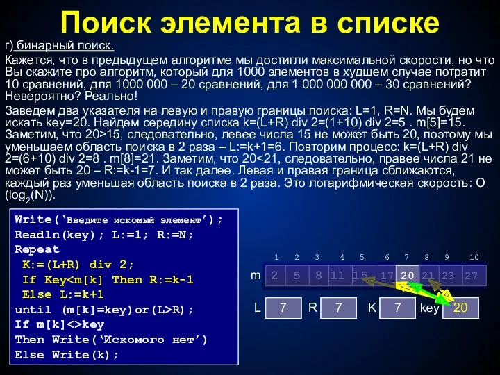 Поиск элемента в списке г) бинарный поиск. Кажется, что в