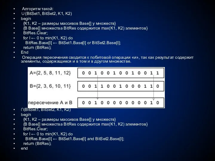 Алгоритм такой: ∪(BitSet1, BitSet2, K1, K2) begin {K1, K2 –