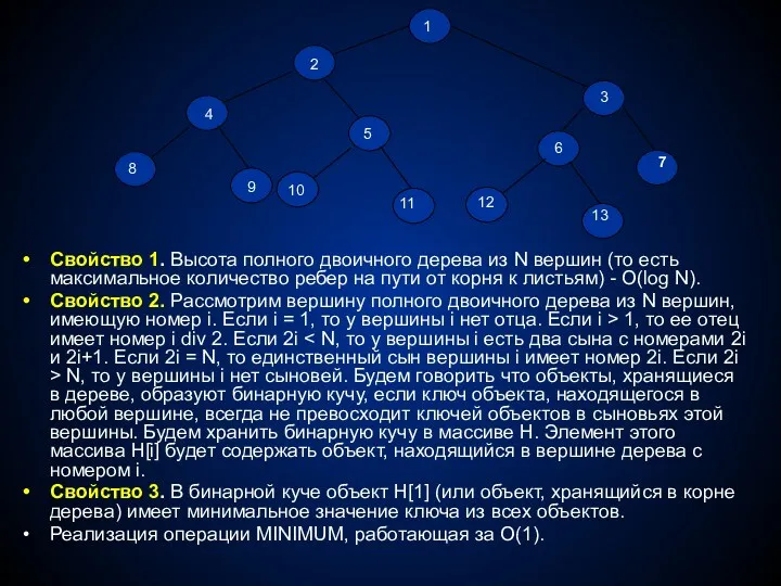 Свойство 1. Высота полного двоичного дерева из N вершин (то