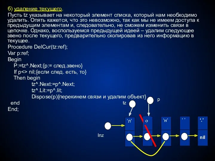 б) удаление текущего. Пусть tz указывает на некоторый элемент списка,