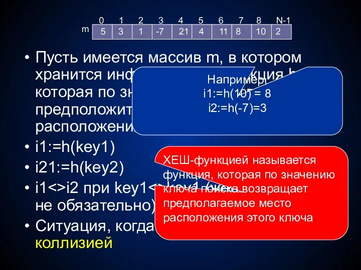 Пусть имеется массив m, в котором хранится информация и функция