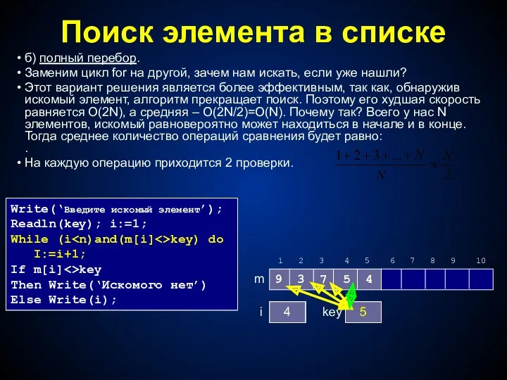 Поиск элемента в списке б) полный перебор. Заменим цикл for