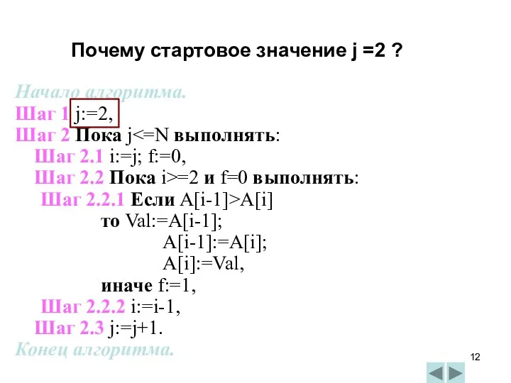 Начало алгоритма. Шаг 1 j:=2, Шаг 2 Пока j Шаг