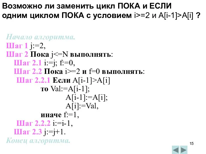 Начало алгоритма. Шаг 1 j:=2, Шаг 2 Пока j Шаг