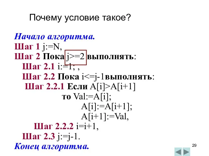 Начало алгоритма. Шаг 1 j:=N, Шаг 2 Пока j>=2 выполнять: