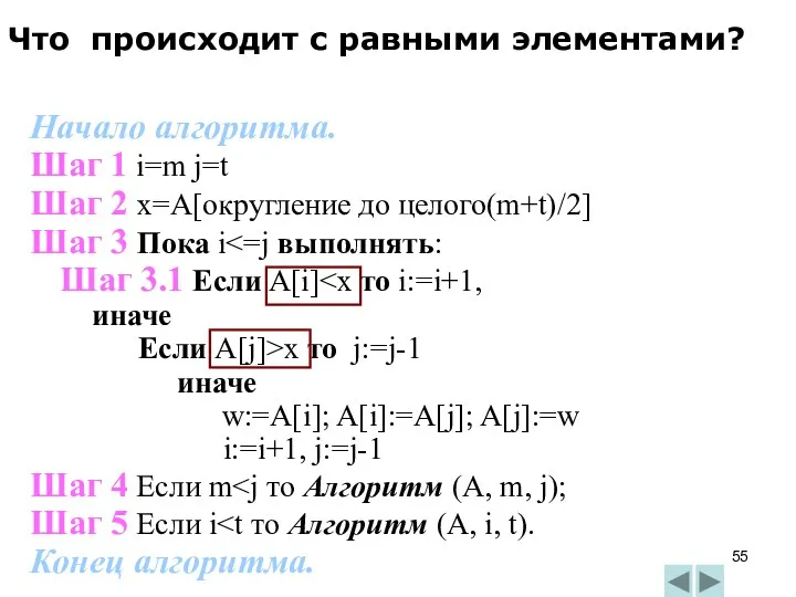 Начало алгоритма. Шаг 1 i=m j=t Шаг 2 x=A[округление до