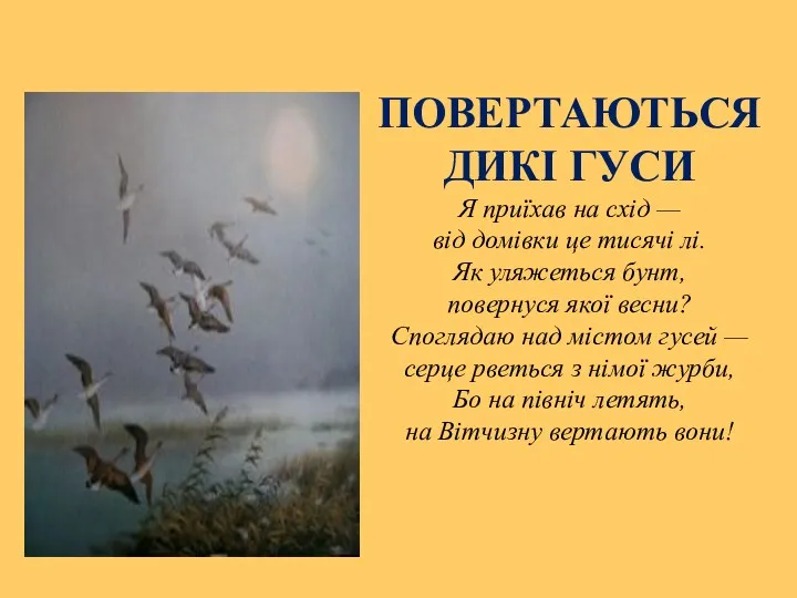 ПОВЕРТАЮТЬСЯ ДИКІ ГУСИ Я приїхав на схід — від домівки