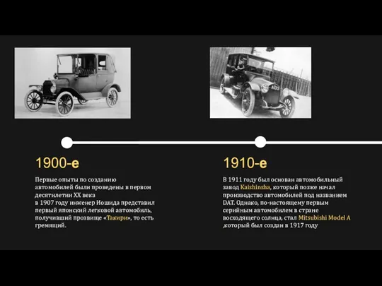 1900-е 1910-е Первые опыты по созданию автомобилей были проведены в