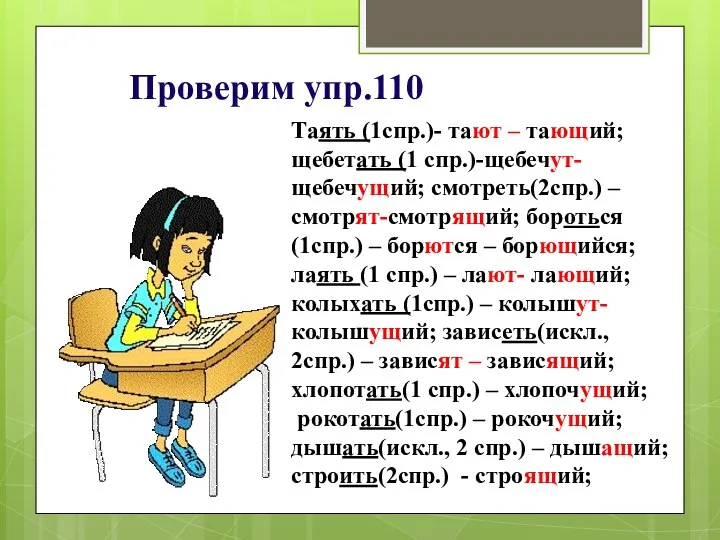 Проверим упр.110 Таять (1спр.)- тают – тающий; щебетать (1 спр.)-щебечут-