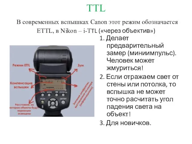 TTL В современных вспышках Canon этот режим обозначается ETTL, в