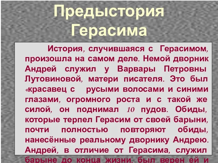 Предыстория Герасима История, случившаяся с Герасимом, произошла на самом деле.