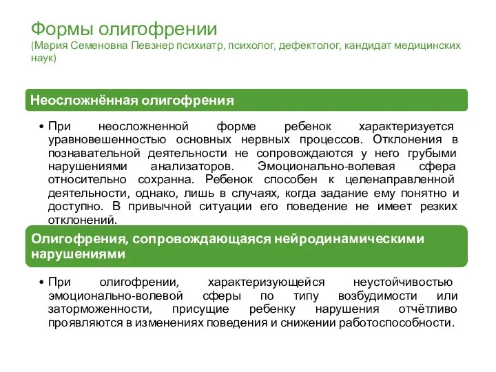 Формы олигофрении (Мария Семеновна Певзнер психиатр, психолог, дефектолог, кандидат медицинских наук)