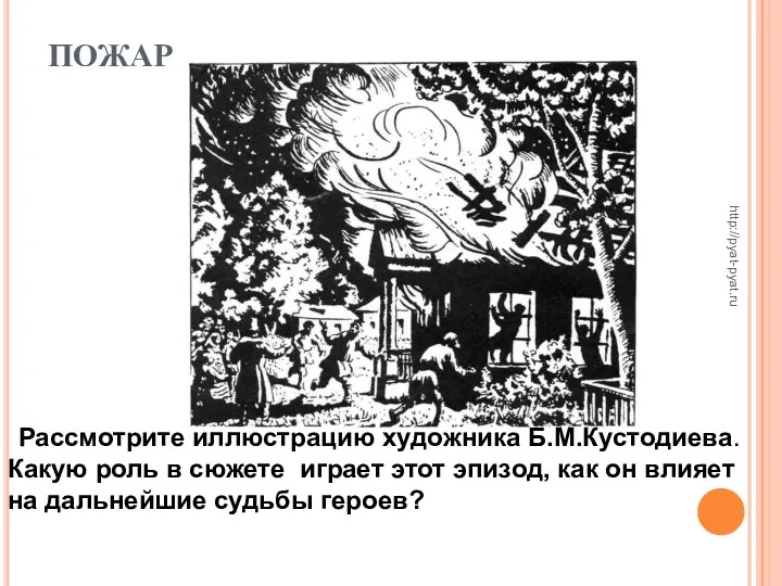 ПОЖАР Рассмотрите иллюстрацию художника Б.М.Кустодиева. Какую роль в сюжете играет