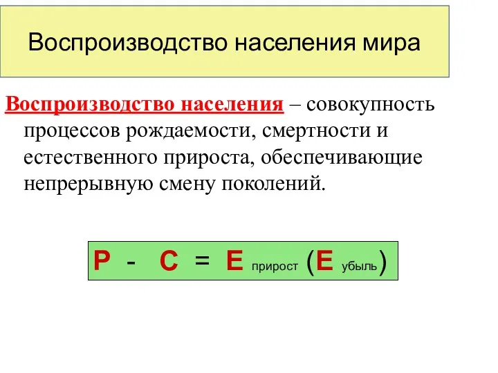 Воспроизводство населения мира Воспроизводство населения – совокупность процессов рождаемости, смертности