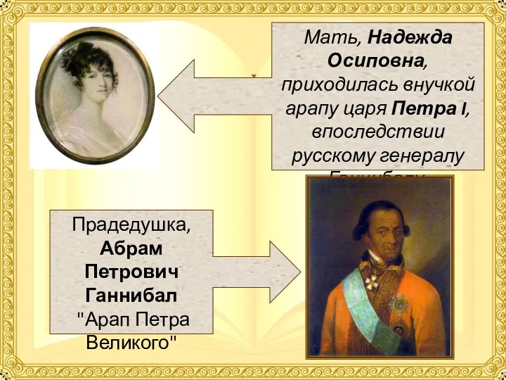 Мать, Надежда Осиповна, приходилась внучкой арапу царя Петра I, впоследствии русскому генералу Ганнибалу.