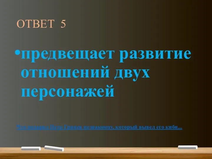 ОТВЕТ 5 предвещает развитие отношений двух персонажей Что подарил Петр Гринев незнакомцу, который вывел его киби...