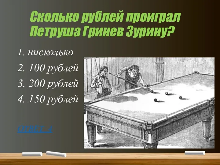 Сколько рублей проиграл Петруша Гринев Зурину? 1. нисколько 2. 100