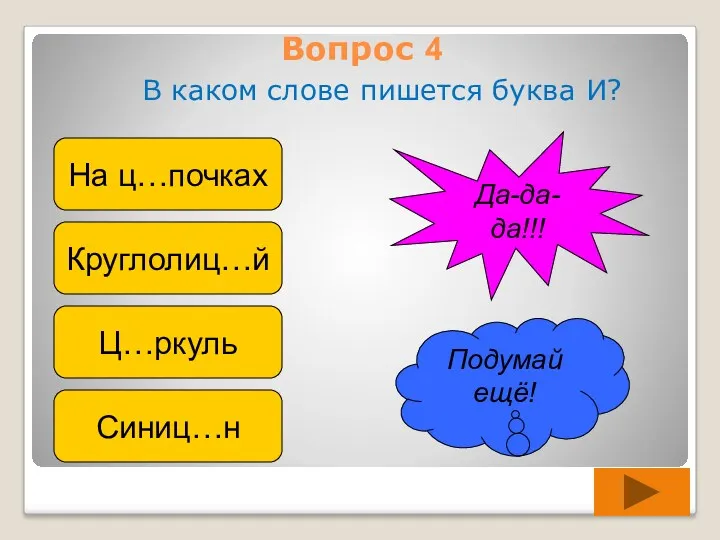 Вопрос 4 В каком слове пишется буква И? На ц…почках Круглолиц…й Ц…ркуль Синиц…н Подумай ещё! Да-да-да!!!