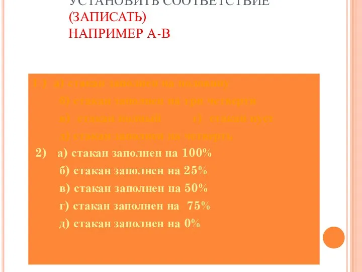 УСТАНОВИТЬ СООТВЕТСТВИЕ (ЗАПИСАТЬ) НАПРИМЕР А-В 1 ) а) стакан заполнен