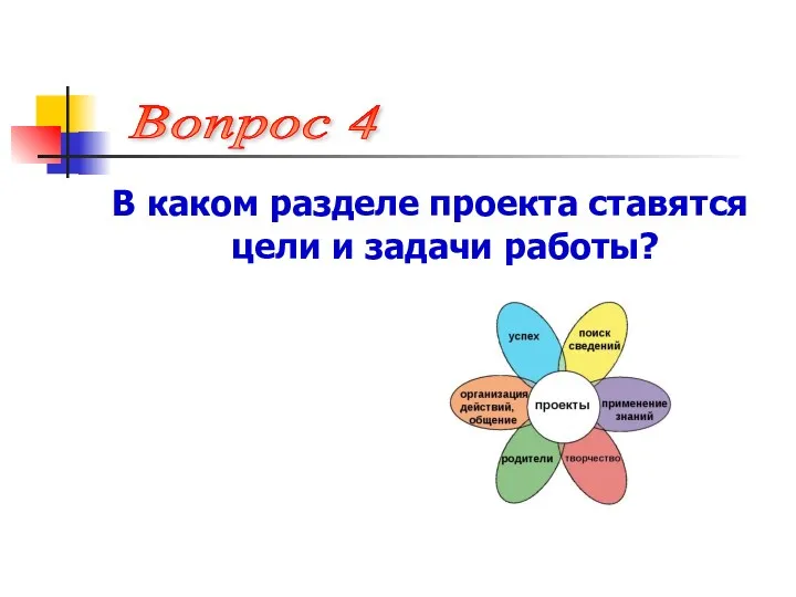 В каком разделе проекта ставятся цели и задачи работы? Вопрос 4