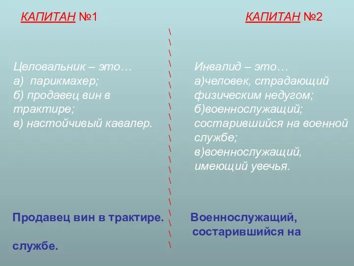 КАПИТАН №1 КАПИТАН №2 Целовальник – это… а) парикмахер; б) продавец вин в