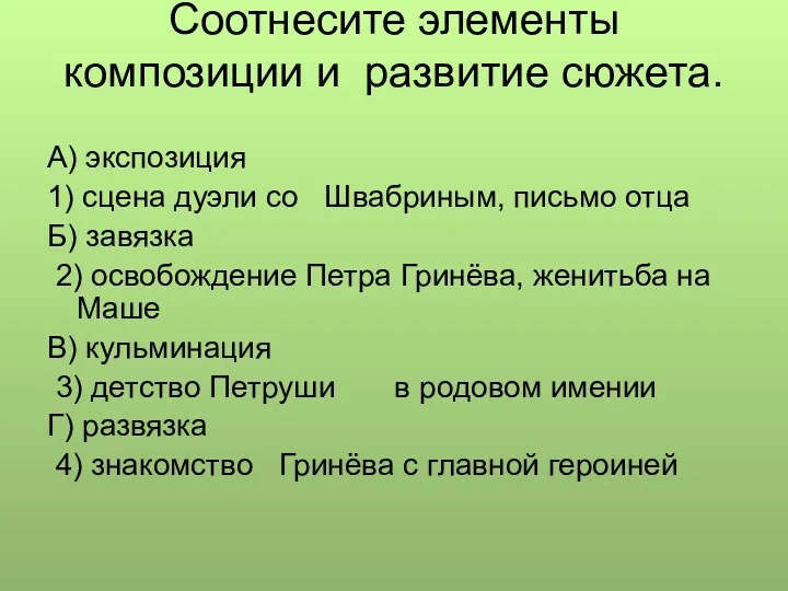 Соотнесите элементы композиции и развитие сюжета. А) экспозиция 1) сцена