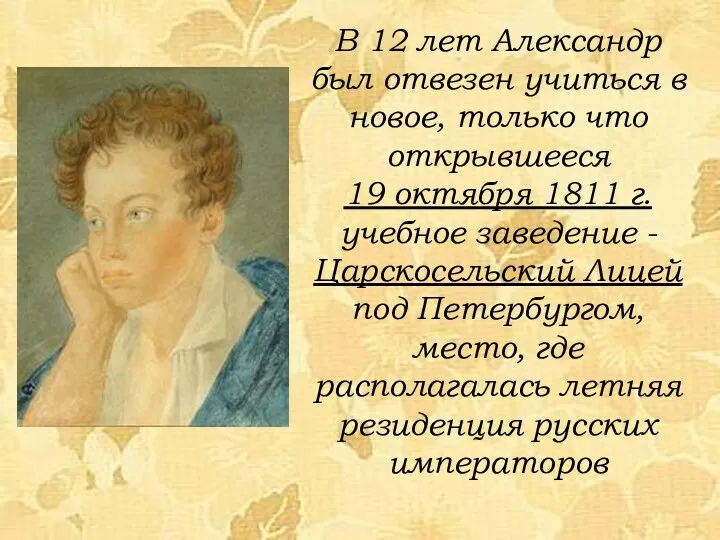 В 12 лет Александр был отвезен учиться в новое, только