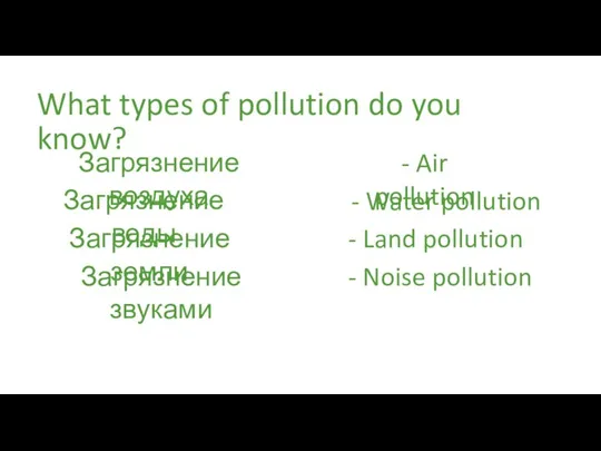 What types of pollution do you know? Загрязнение воздуха Загрязнение