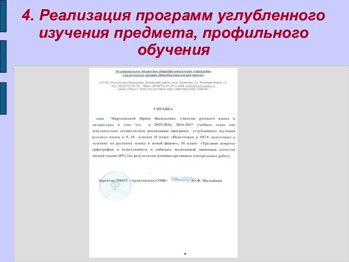 4. Реализация программ углубленного изучения предмета, профильного обучения