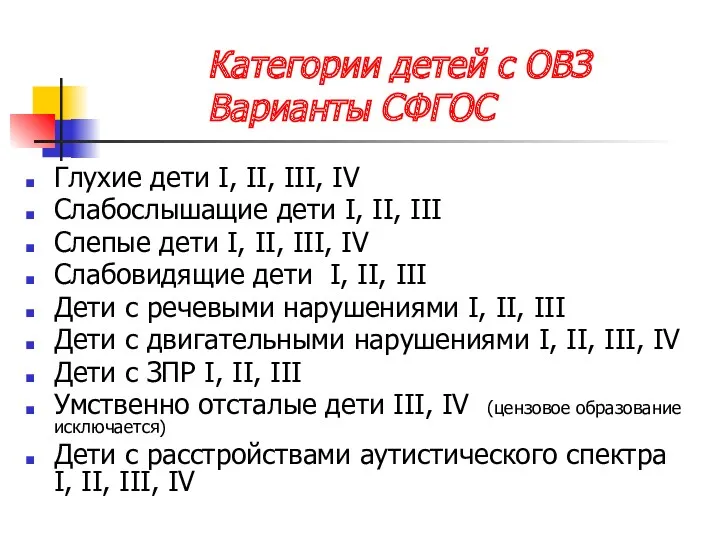 Категории детей с ОВЗ Варианты СФГОС Глухие дети I, II,