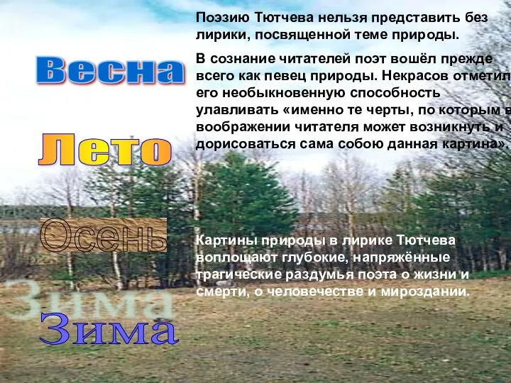 Поэзию Тютчева нельзя представить без лирики, посвященной теме природы. В