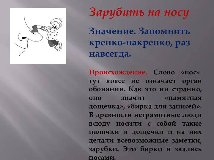 Зарубить на носу Значение. Запомнить крепко-накрепко, раз навсегда. Происхождение. Слово