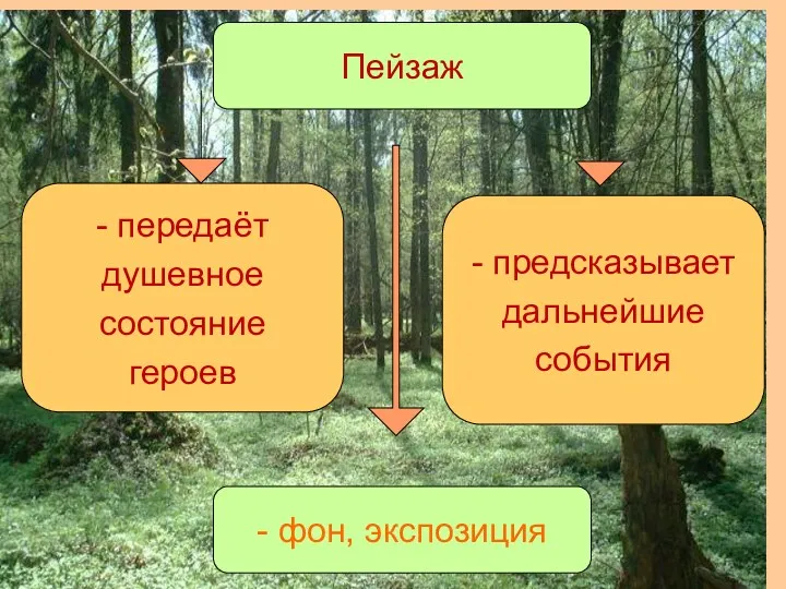 Пейзаж - передаёт душевное состояние героев - предсказывает дальнейшие события - фон, экспозиция