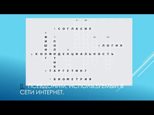 8. ПСЕВДОНИМ, ИСПОЛЬЗУЕМЫЙ В СЕТИ ИНТЕРНЕТ.