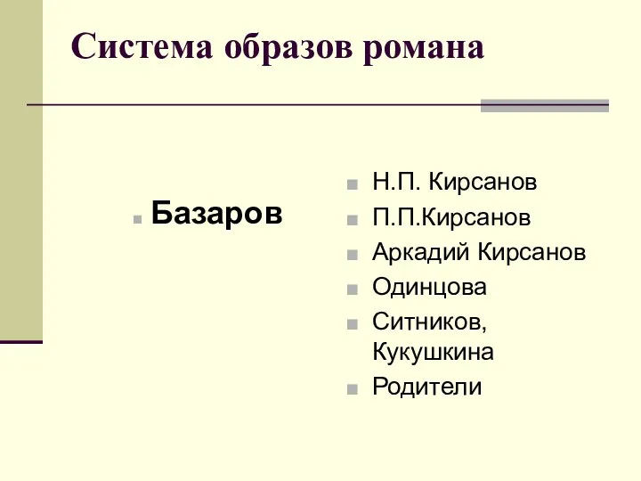 Система образов романа Базаров Н.П. Кирсанов П.П.Кирсанов Аркадий Кирсанов Одинцова Ситников, Кукушкина Родители