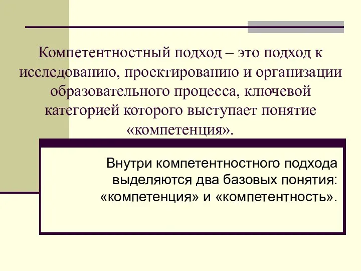 Компетентностный подход – это подход к исследованию, проектированию и организации