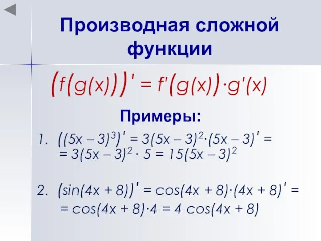 Производная сложной функции (f(g(x)))′ = f′(g(x))∙g′(x) Примеры: 1. ((5x –